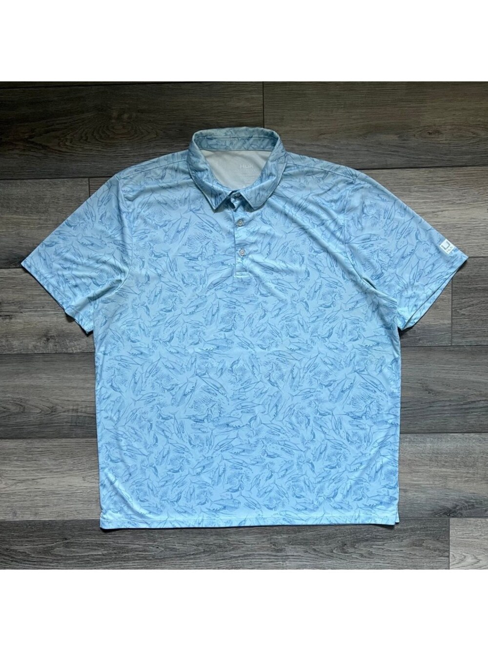 Huk Men's 2XL Polo Performance Fishing Short Sleeve Graphic Fish Print Blue